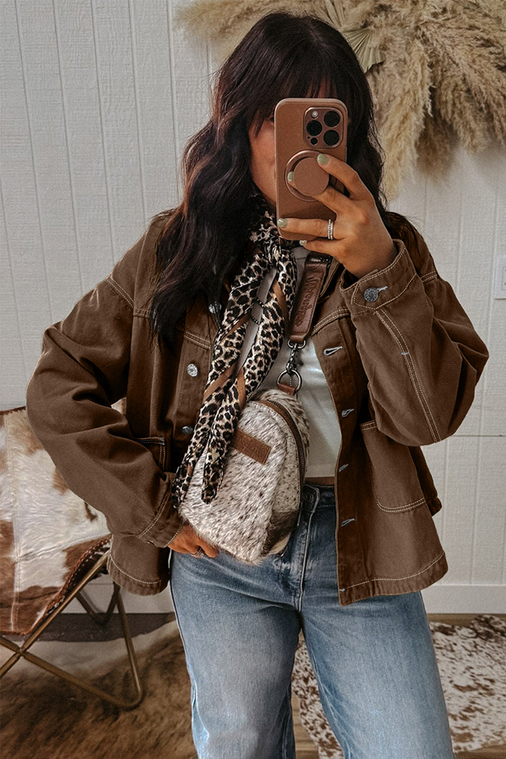 Coffee Patched Pocket Collared Button Front Boyfriend Denim Jacket