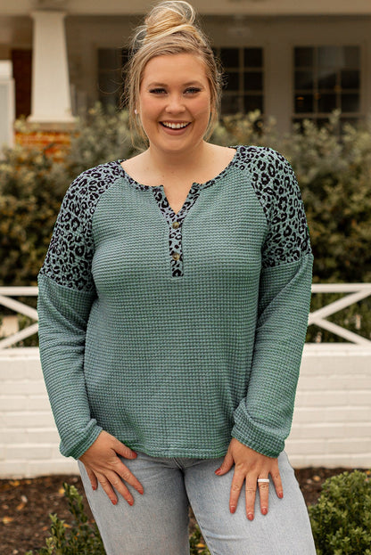 Mist Green Leopard Patchwork Textured Knit Plus Size Henley Top