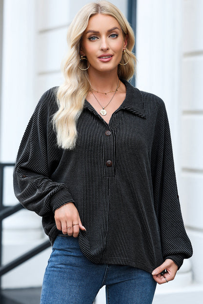 Black Oversized Twist Ribbed Collared Henley Top with Roll up Sleeve