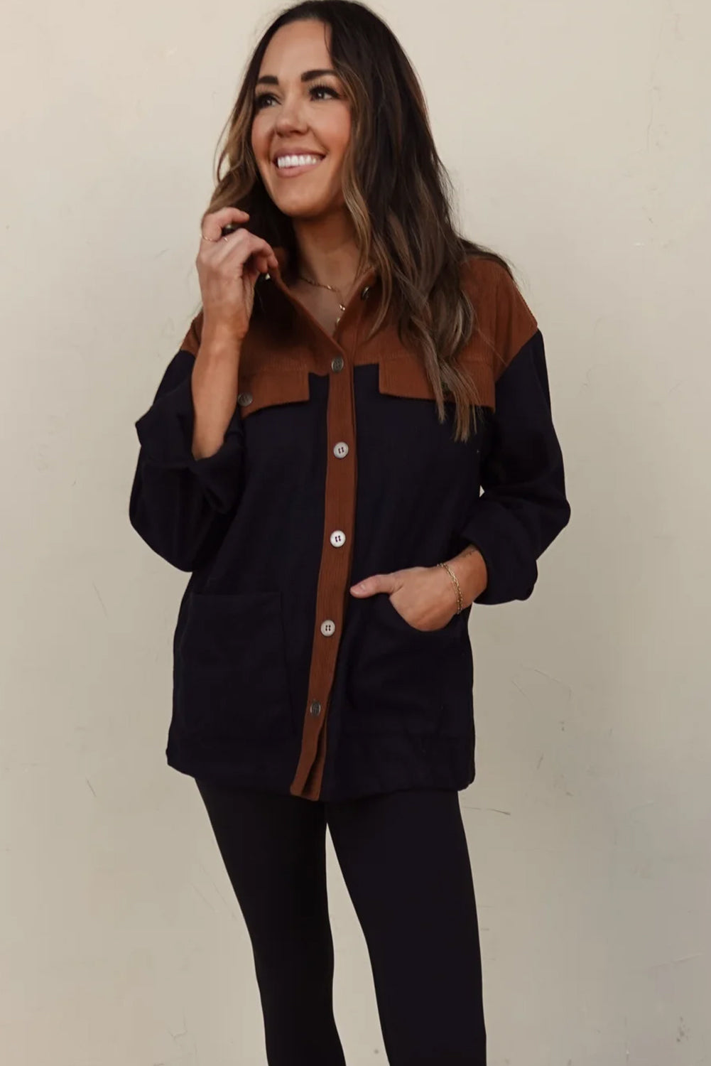 Multicolour Button Flap Detail Color Block Patchwork Corduroy Shacket