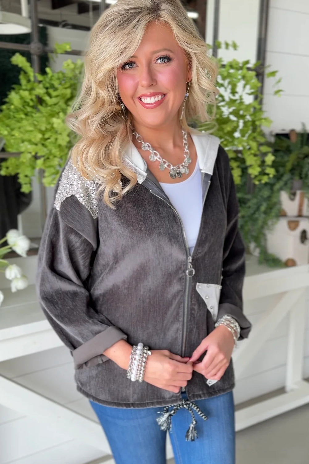 Dark Grey Sequin Beaded Star Accent Zip Up Hoodie Patchwork Jacket