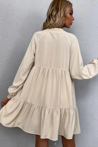 Beige Tie Split Neck Smocked Detail Long Puff Sleeve Ruffle Hem Loose Dress