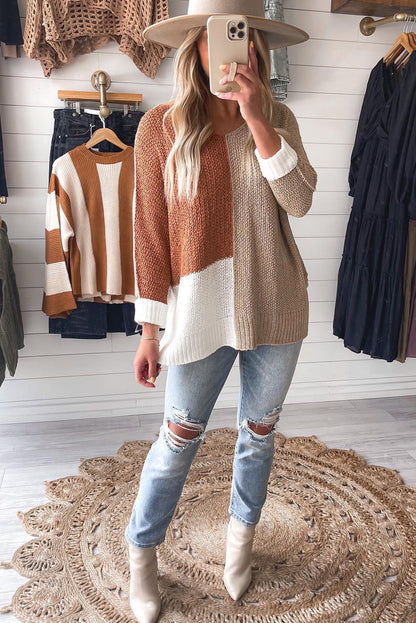 Chestnut Color Block Knit V Neck Loose Sweater