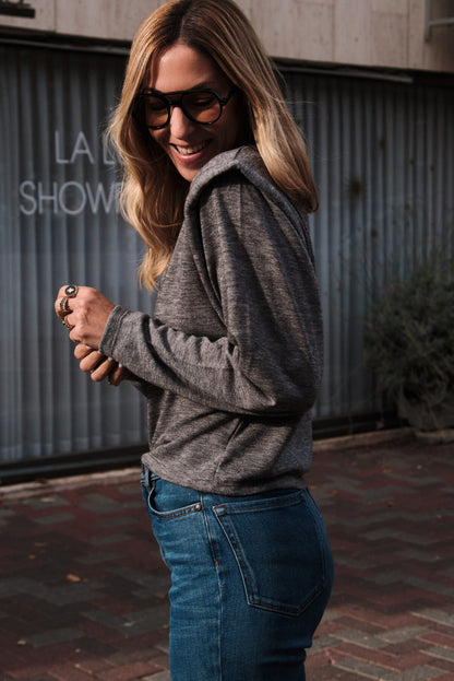 Gray Solid Color Faux Two Piece Patchwork Long Sleeve Top