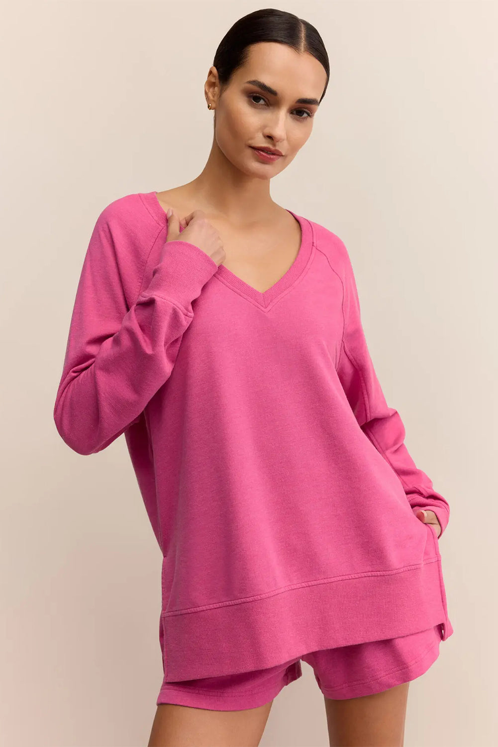 Strawberry Pink V Neck Long Sleeve Pullover Top Loose Shorts 2pcs Lounge Set