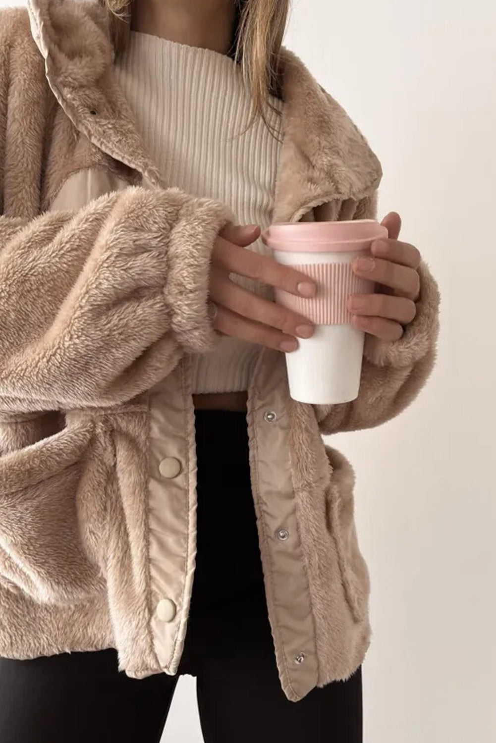 Smoke Gray Plush Color Block Patchwork Snap Button Pocketed Winter Jacket