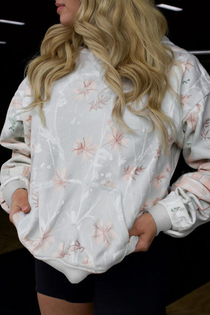 Gray Floral Print Plus Size Loose Hoodie