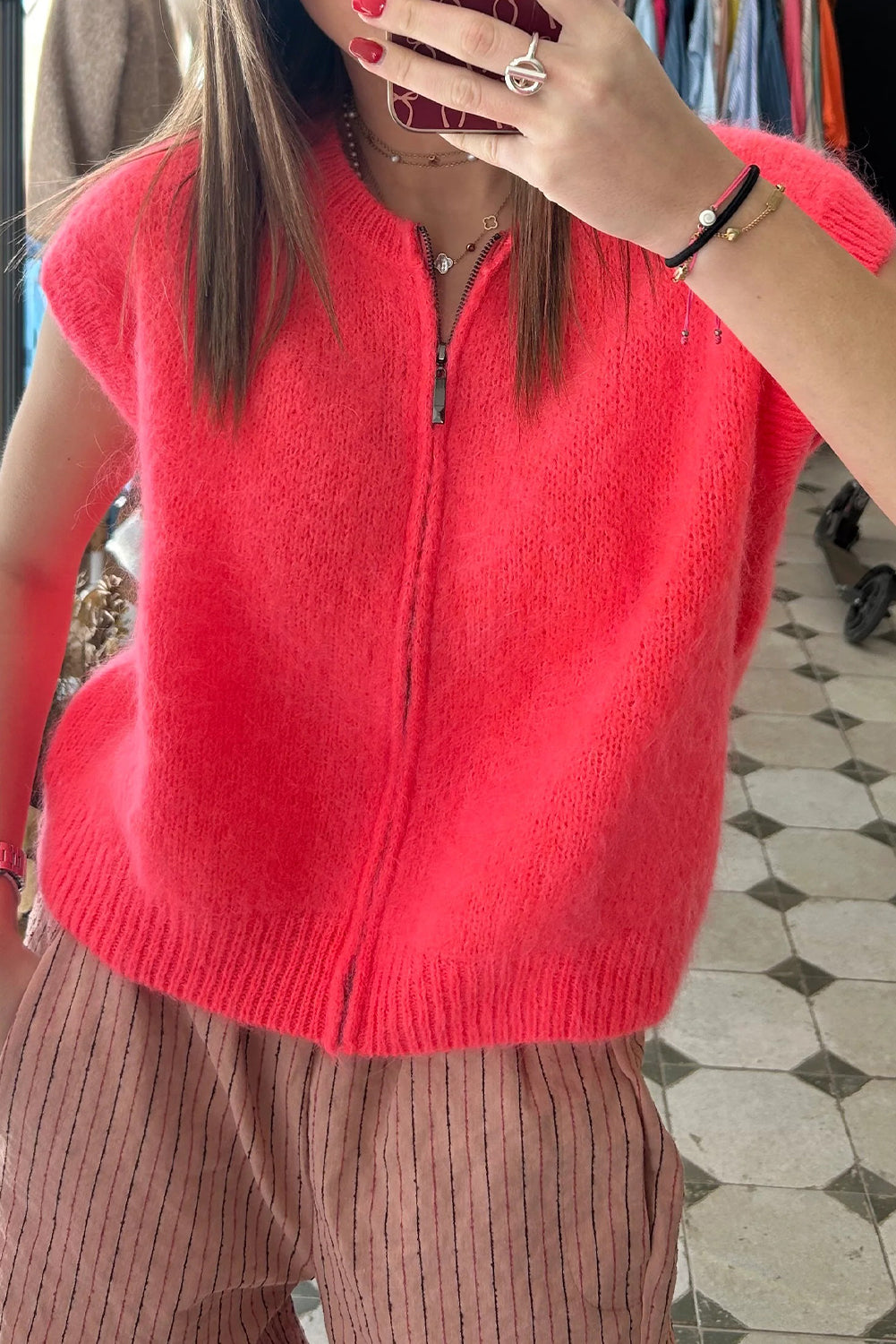 Coral Paradise Ribbed Trim Crew Neck Zip Up Sweater Vest