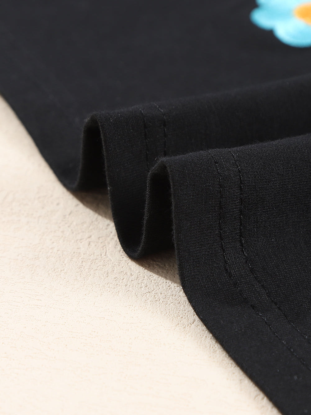 Elegant Black Floral Embroidered Blouse with Puff Sleeves