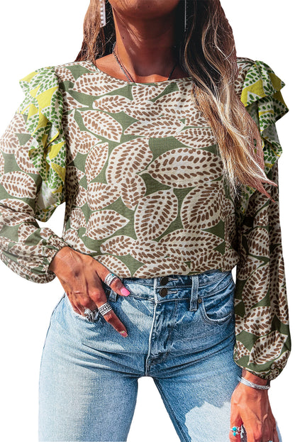 Green Abstract Leafy Print Contrast Ruffle Trim Long Sleeve Blouse