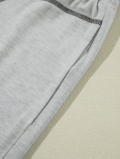 Gray Contrast Stitching Cuffed Sleeve Plus Shorts Set