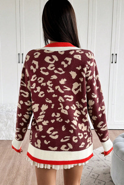 Red Leopard Pattern Knit Contrast Striped Trim V Neck Sweater