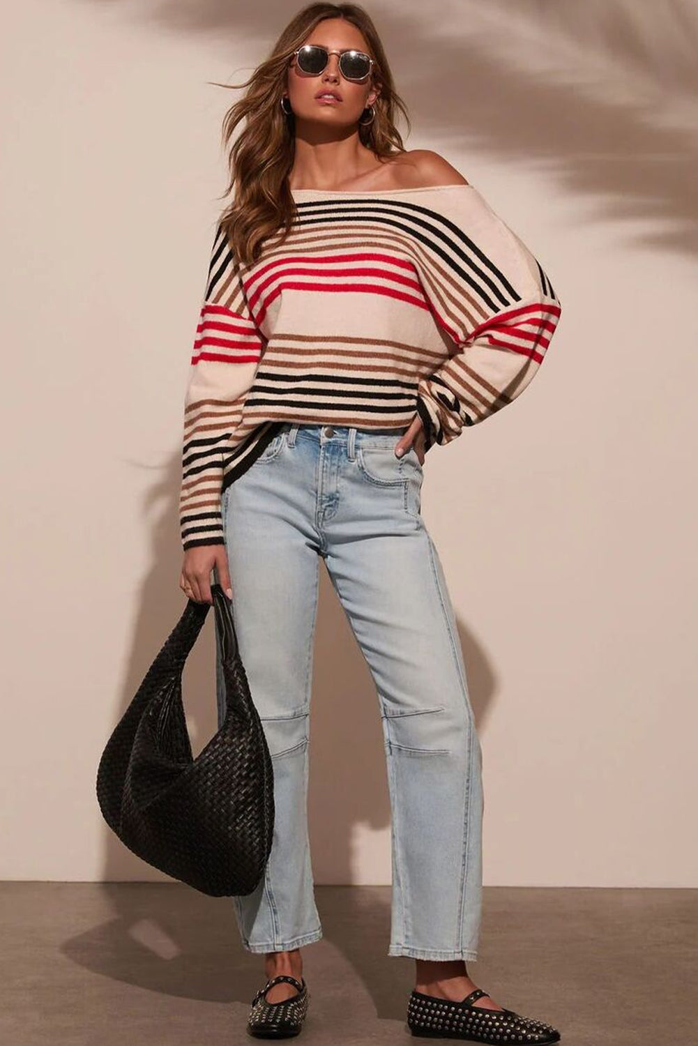 Red Stripe Raw Seam Round Neck Drop Shoulder Sweater