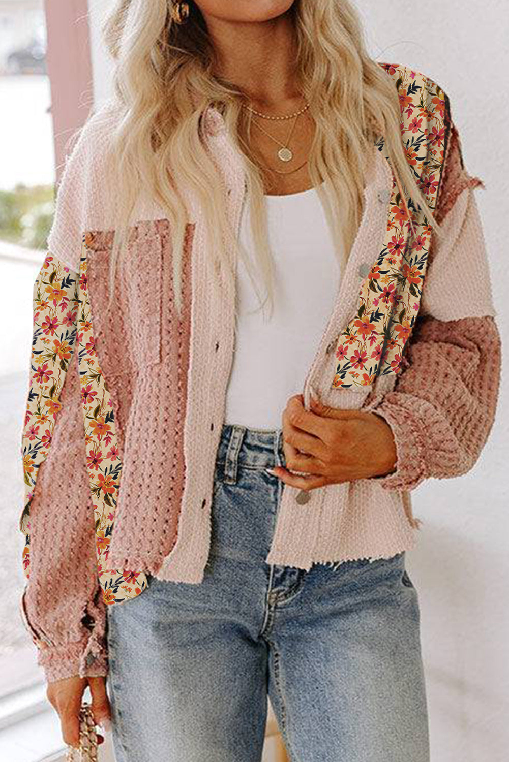 Delicacy Textured Floral Colorblock Patchwork Button Up Distressed Jacket