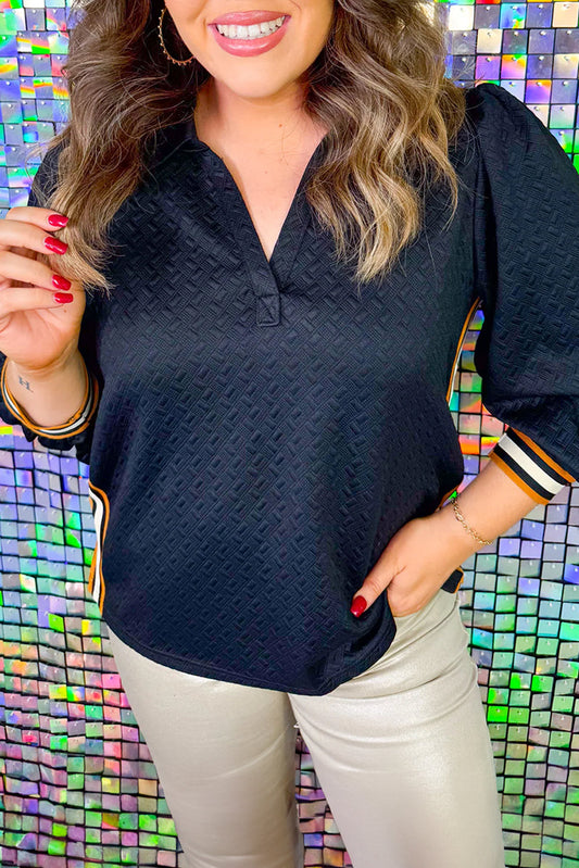 Black Colorblock Striped Textured Puff Sleeve Collar Plus Size Blouse