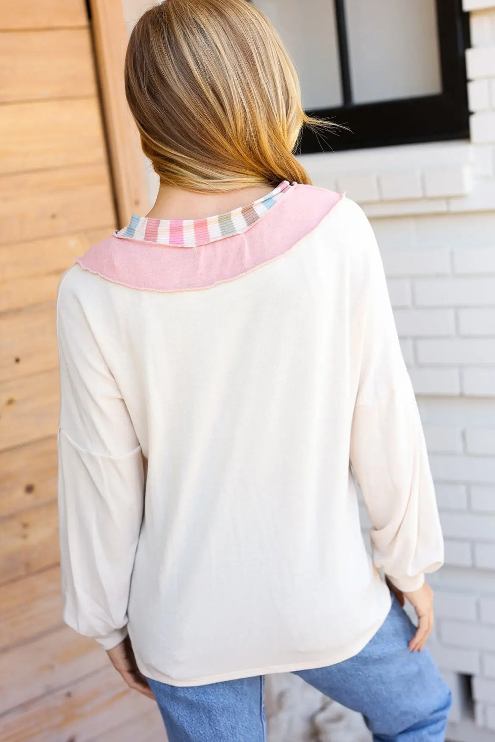 White Exposed Seam Rainbow Stripe Color Block V Neck Loose Long Sleeve Top