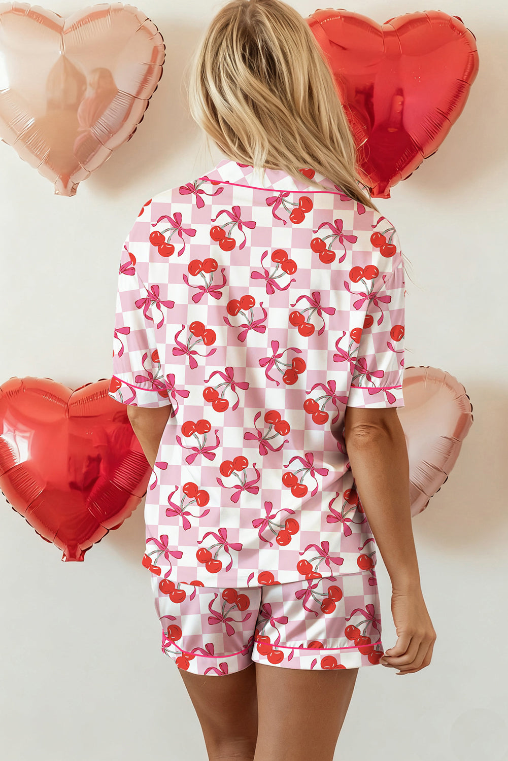 Pink Checkered Cherry Bow Print Shirt Style 2pcs Short Pajama Set
