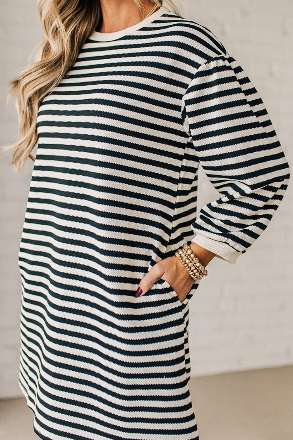 Black Stripe Puffy Bracelet Sleeve Shift Mini T Shirt Dress
