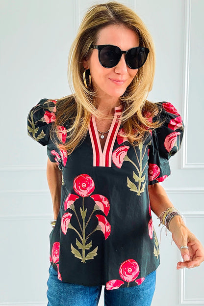 Black Floral Print Short Puff Sleeve Contrasted Striped V Neck Blouse
