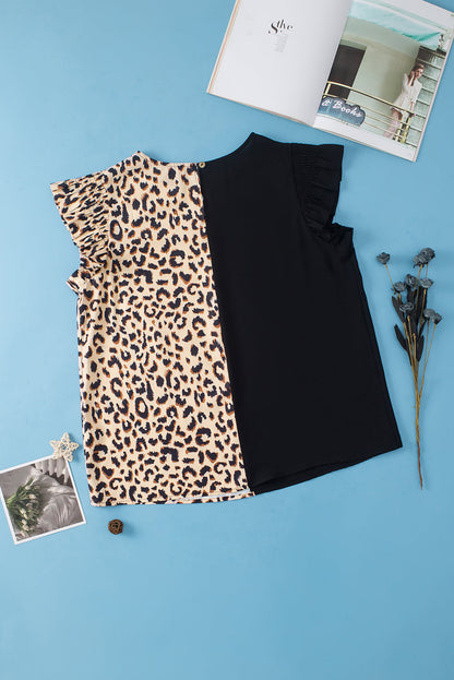 Elegant Black Leopard Ruffle Sleeve Plus Size Top