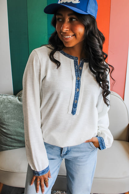 White Long Sleeve Ribbed Knit Denim Contrast Trim Henley Top