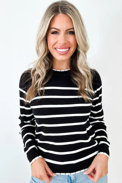 Black Stripe Contrast Trim Round Neck Ribbed Knit Sweater