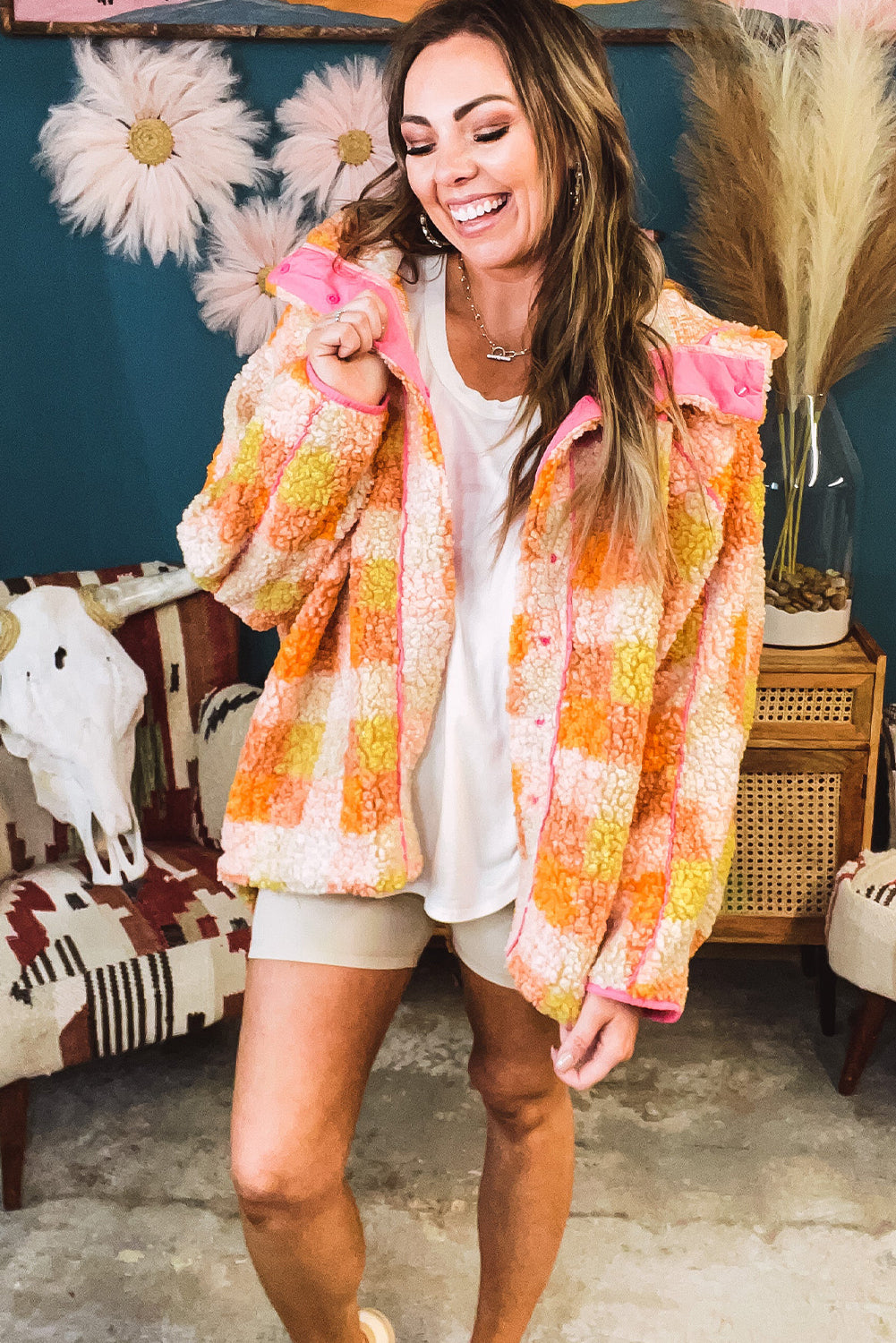 Orange Checkered Sherpa Contrast Trim Hooded Jacket