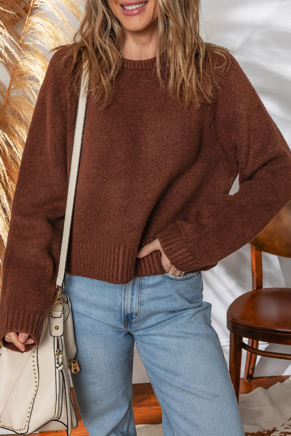 Coffee Solid Color Ribbed Trim Loose Sweater