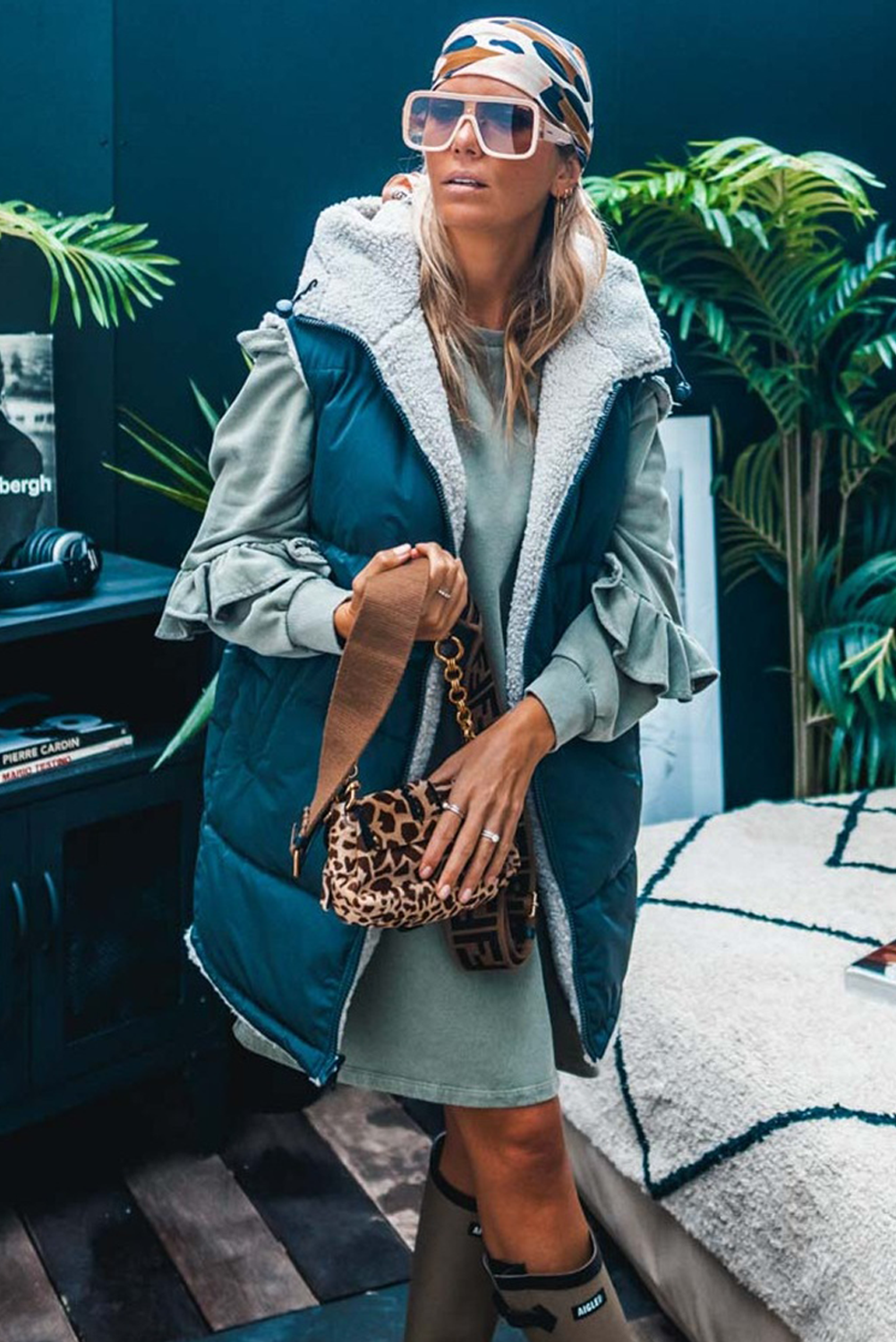 Haze Blue Ruffled Shift Knit Long Sleeve Mini Dress