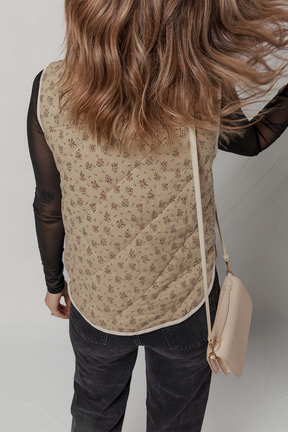 Khaki Floral Print Quilted Concealed Button Vest