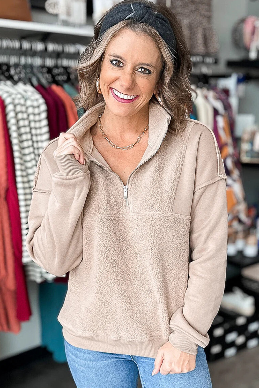 Jet Stream Solid Color Sherpa Patchwork Quarter Zip Pullover Sweatshirt