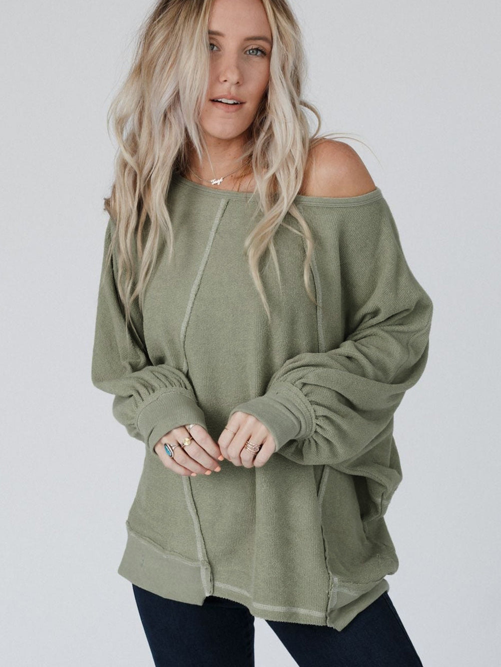 Green Exposed Stitch Detail Dolman Sleeve Patchwork Blouse