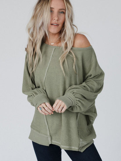 Green Exposed Stitch Detail Dolman Sleeve Patchwork Blouse