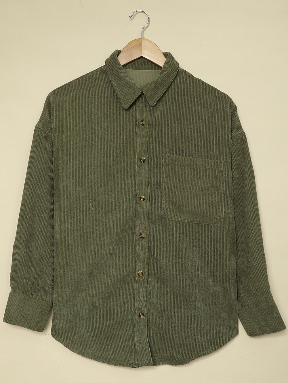 Green Corduroy Button-Up Pocket Blouse