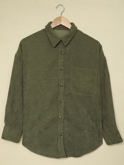 Green Corduroy Button-Up Pocket Blouse