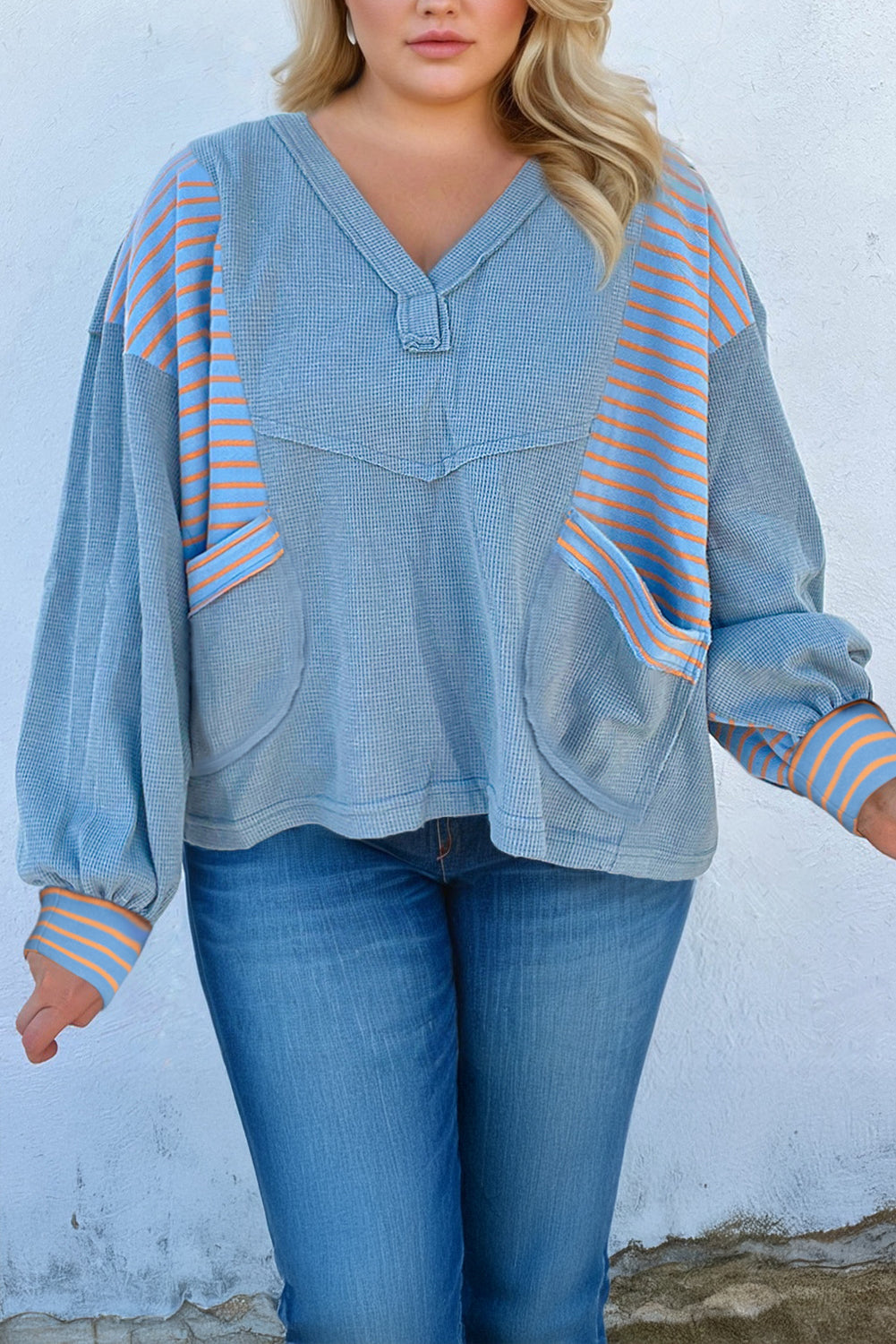 Dusk Blue Raw Seam Waffle Striped Patchwork V Neck Pocketed Plus Size Loose Top