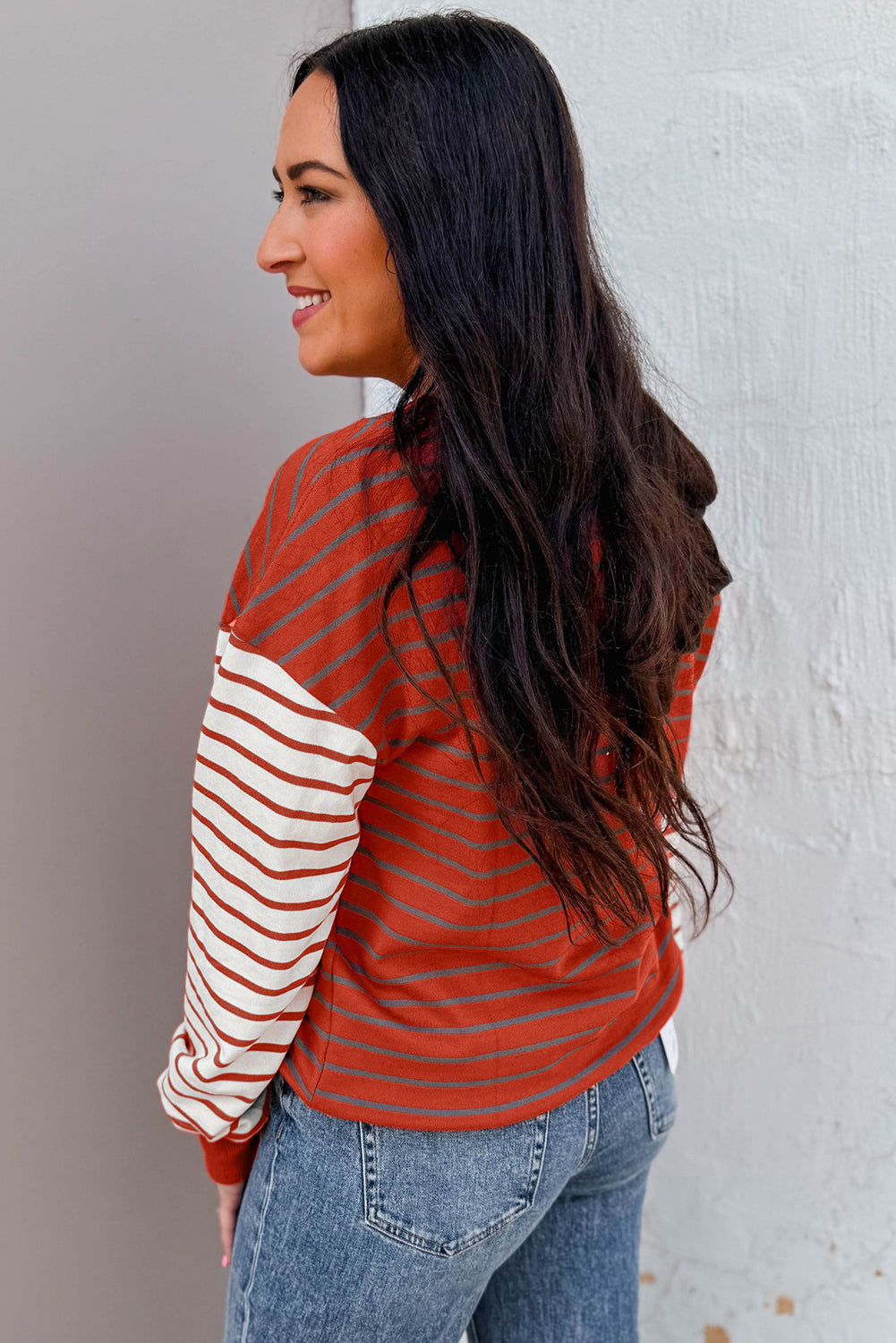 Orange Stripe Contrast Sleeve Patchwork Drop Shoulder Long Sleeve Top