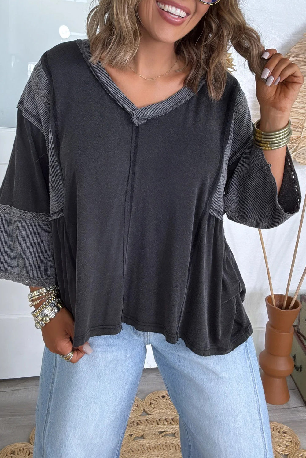 Dark Grey Floral Lace Ribbed Patchwork V Neck Bracelet Sleeve Loose Top