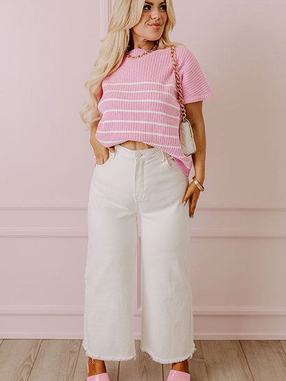 Pink Striped Ribbed Oversized T-Shirt for Plus Size Women