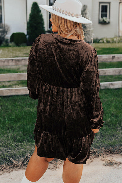 Coffee Plus Size Velvet Babydoll Mini Dress with Puff Sleeve
