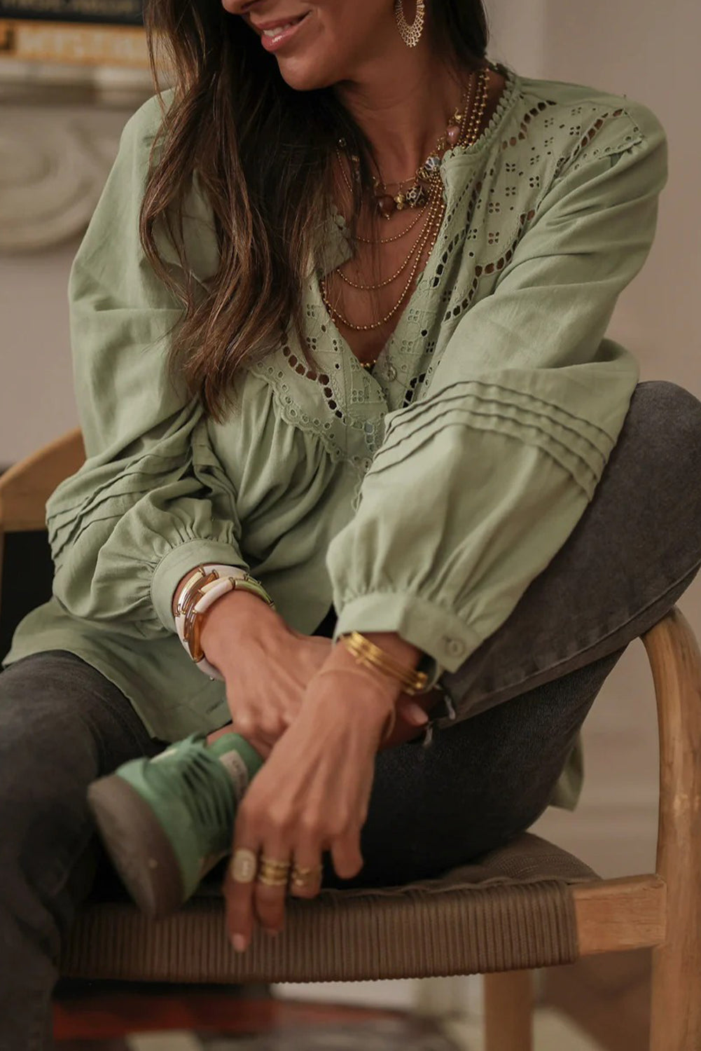 Laurel Green Eyelet Embroidered Patchwork Pintuck Long Sleeve Shirt