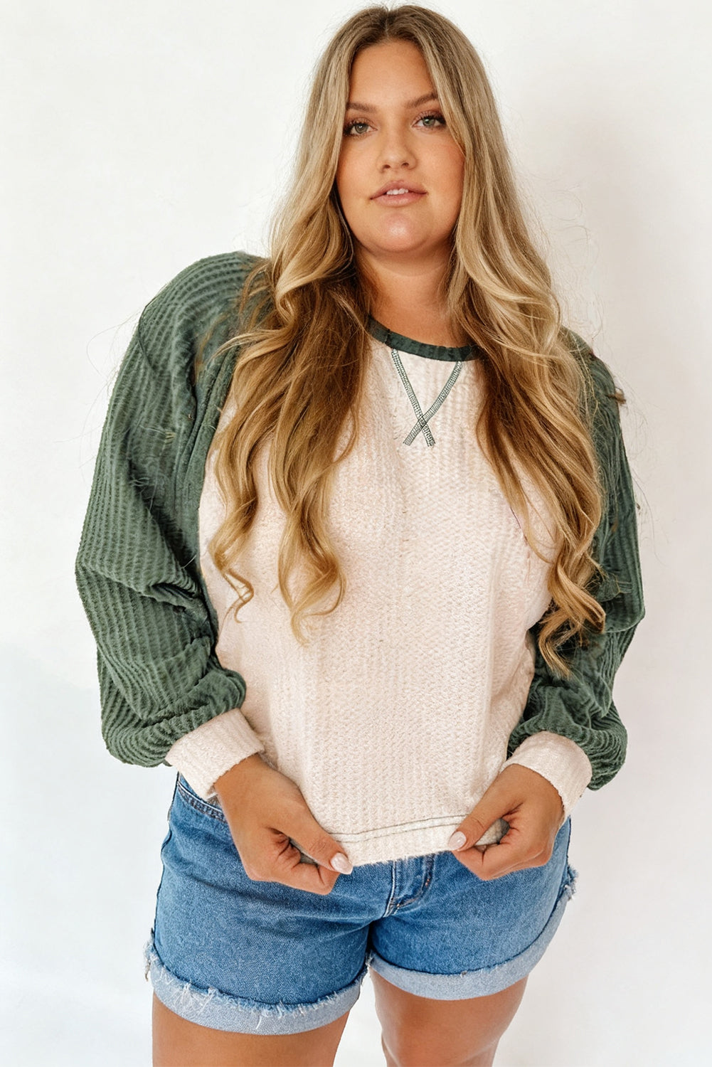 Mist Green Plus Size Waffled Color Block Long Sleeve Top