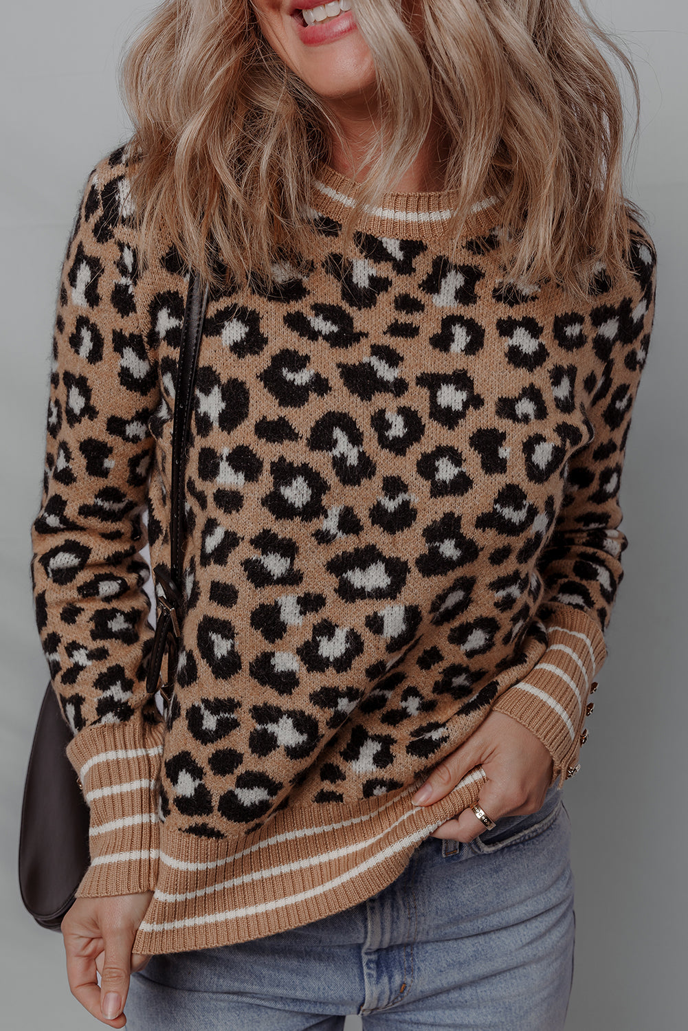 Brown Leopard Print Buttoned Sleeve Contrast Striped Edge Sweater