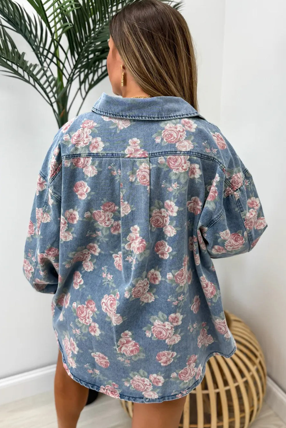 Sky Blue Floral Pattern Flap Pockets Loose Denim Shacket