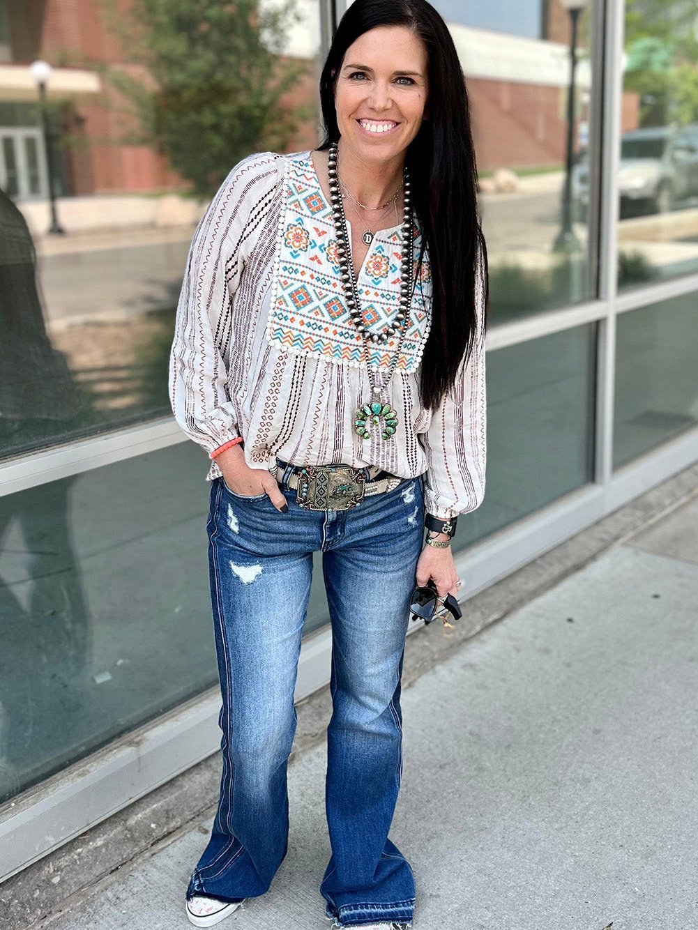 Ethnic Chic White Aztec Embroidered Notched Blouse