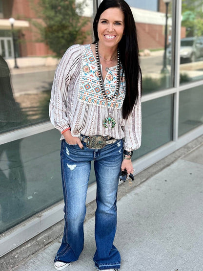 Ethnic Chic White Aztec Embroidered Notched Blouse