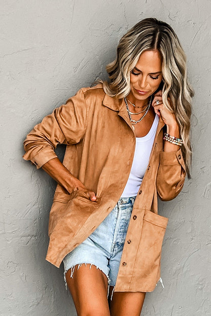 Faux Suede Camel Button-Up Jacket with Southern Belle Style