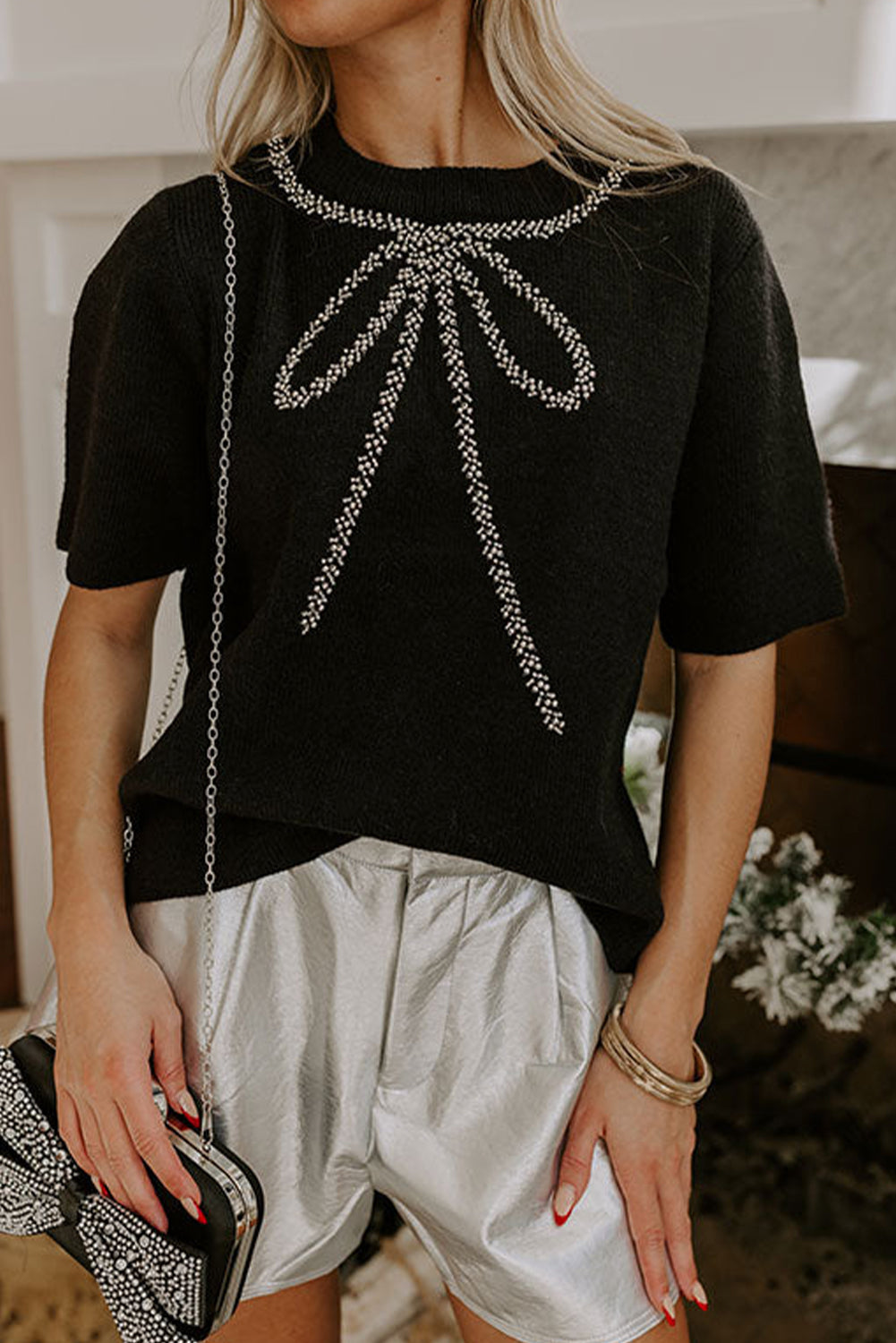 Black Contrast Bowknot Print Crew Neck Short Sleeve Sweater