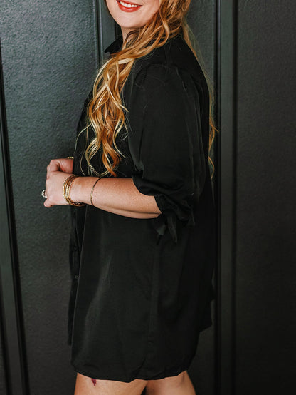 Black Plus Size Tie Cuffs V Neck Shirt Dress