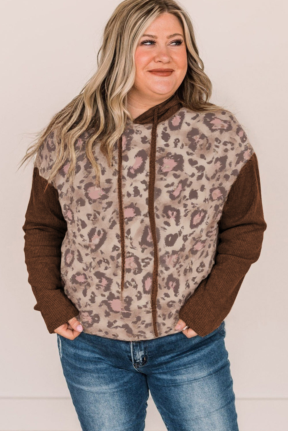 Brown Leopard Print Knit Patchwork Plus Hoodie